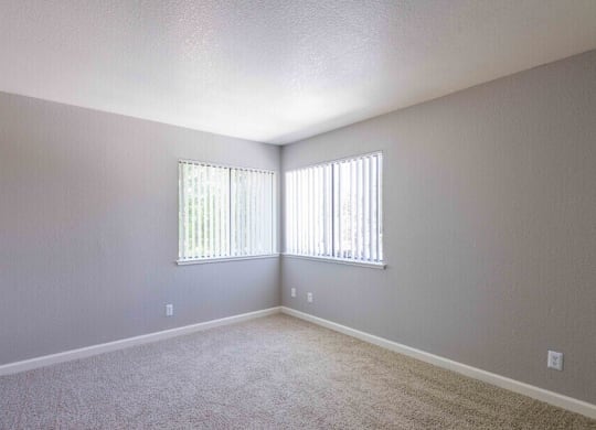 A room with a carpeted floor and a window with blinds.