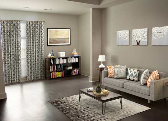 A living room with a grey couch, a coffee table, and a bookshelf.