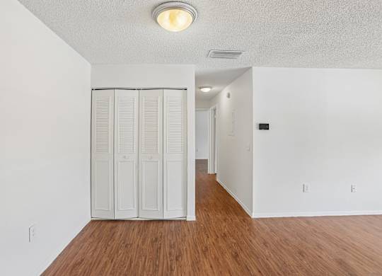 Closet with white doors in a room with wood floors.
