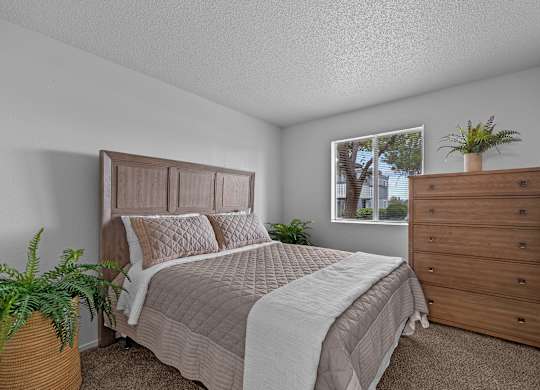 A bedroom with a bed, dresser, and window.
