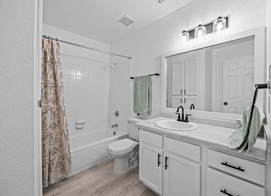 a bathroom with a sink and a shower and a toilet
