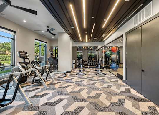 A gym with a variety of equipment and a patterned floor.