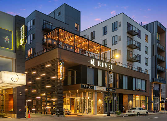 A modern building with the name