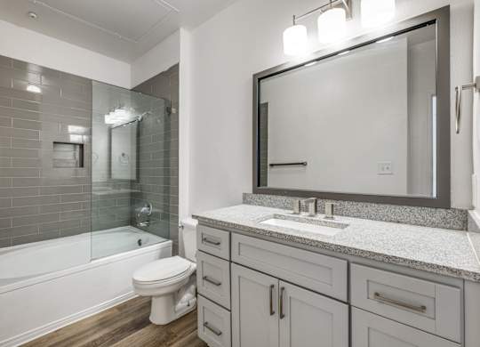 a bathroom with a large mirror and a toilet and a shower