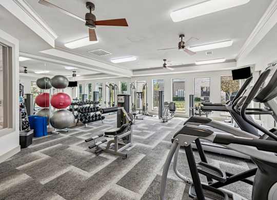 A gym with treadmills, weights, and exercise balls.