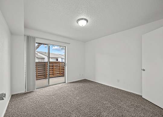 A room with a carpeted floor and a sliding glass door leading to a balcony.