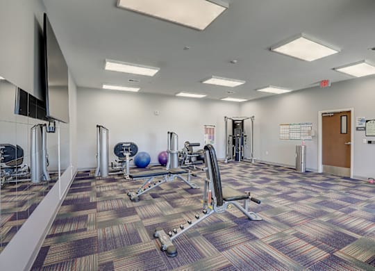 A gym with a variety of equipment including a flat screen TV.