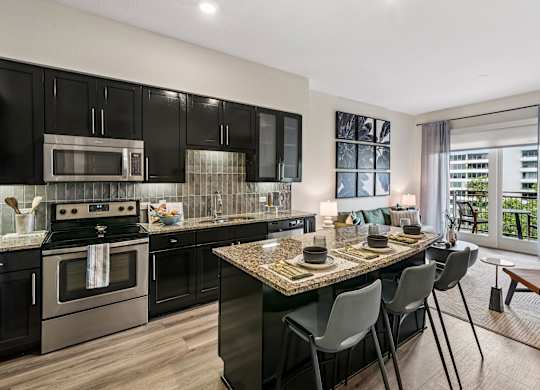 A modern kitchen with black cabinets and stainless steel appliances.