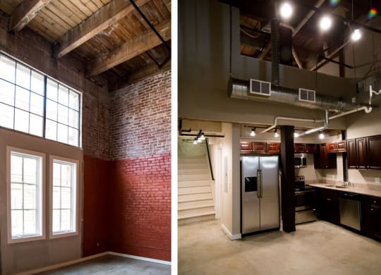 a kitchen and living room in a loft apartment
