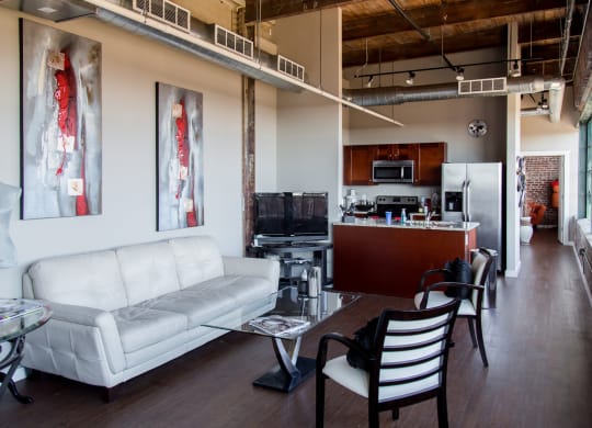 a living room and kitchen in a loft apartment