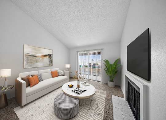 A modern living room with a white couch, a coffee table, and a flat-screen TV mounted on the wall.