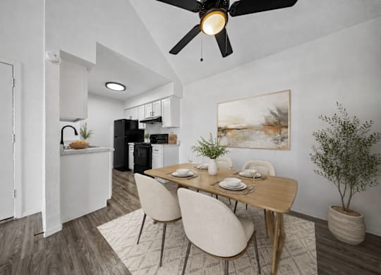 A modern dining room with a wooden table and chairs.