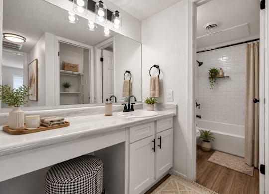 A bathroom with a white vanity and a mirror above it.