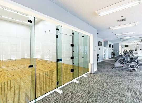 A room with a glass wall and a treadmill.