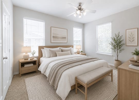 A bedroom with a large bed, a bench, and a ceiling fan.