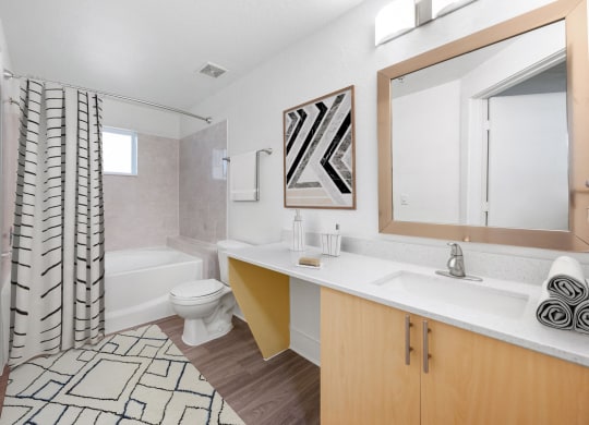 a bathroom with a tub and a sink and a toilet