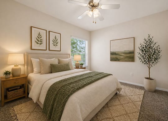 A bedroom with a large bed and a ceiling fan.