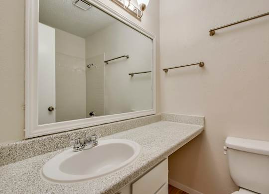 A bathroom with a white toilet and a sink with a granite counter top.