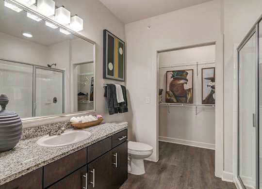 A bathroom with a sink, mirror, toilet and a wooden floor.