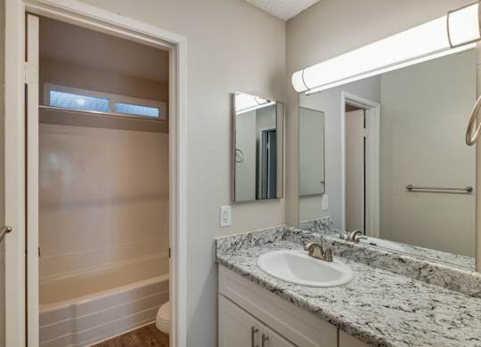 A bathroom with a marble countertop and a white sink.
