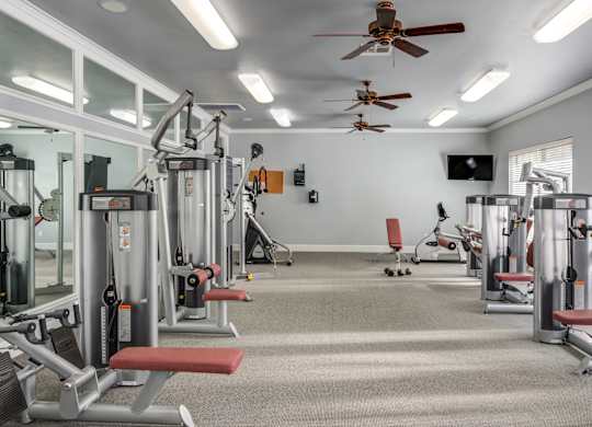 A well-equipped gym with various machines and a ceiling fan.