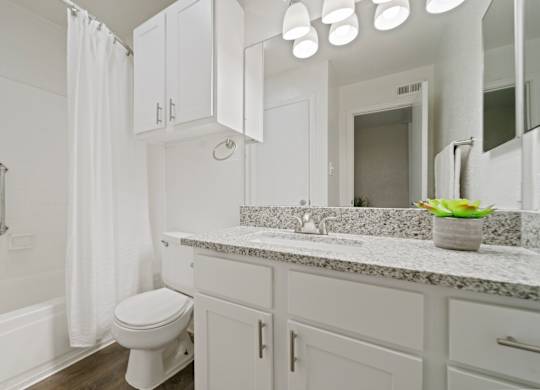 a bathroom with white cabinets and a white bathtub