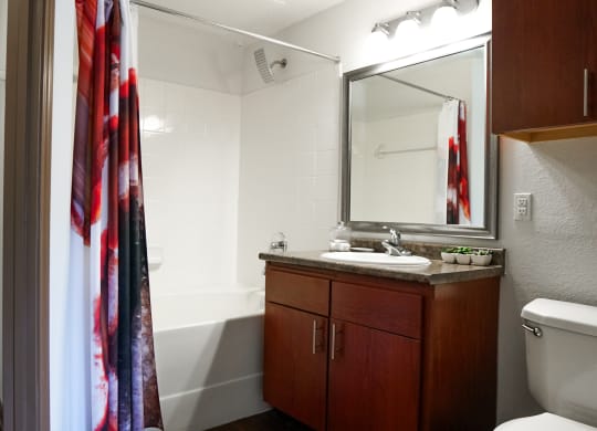 a bathroom with a toilet sink and mirror and a shower