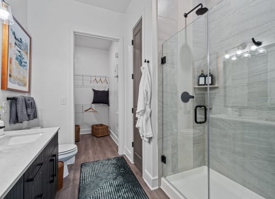 a bathroom with a shower and a sink and a toilet