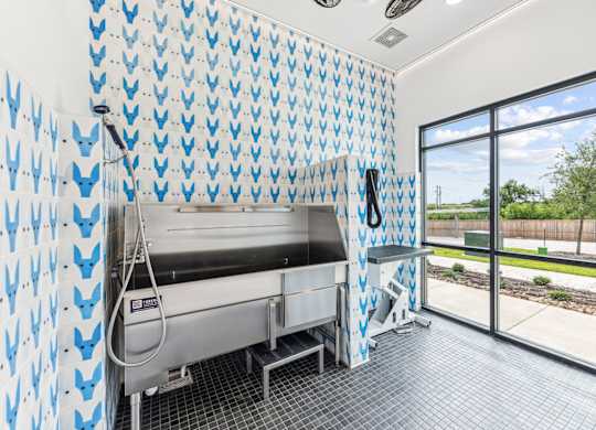 A room with a sink and a wallpapered wall.