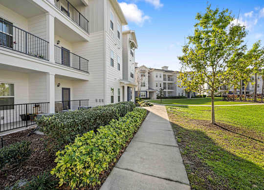 walkway and grassy area at the bradley braddock road station apartments