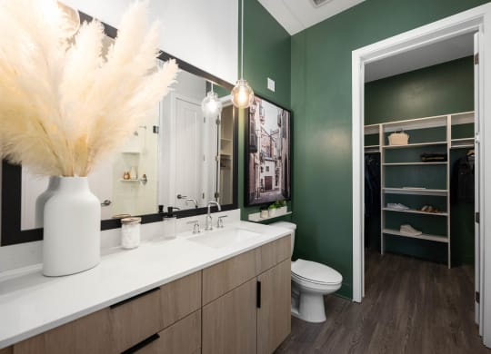 a bathroom with green walls and a white counter top and a toilet