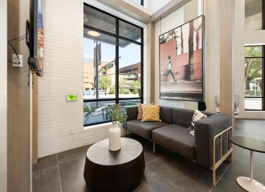 a living room with a couch and a coffee table