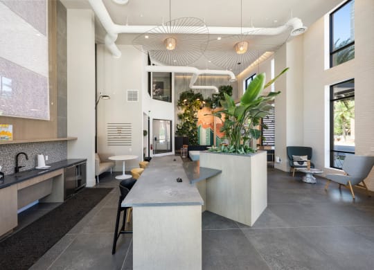 a large kitchen with a long counter and a living room with a table and chairs