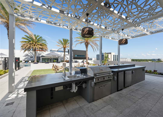 a stainless steel outdoor kitchen with a roof terrace and palm trees