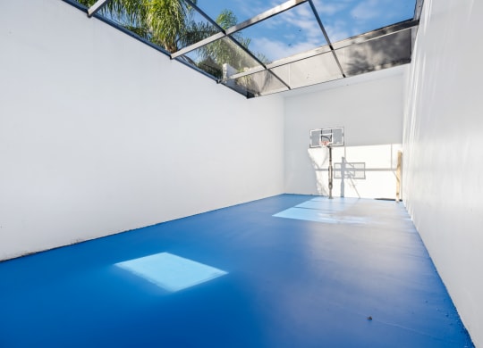 a white room with a blue floor and a glass ceiling