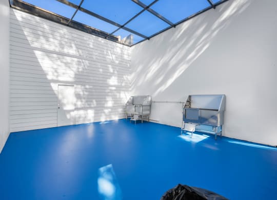 a white room with a blue floor and two refrigerators