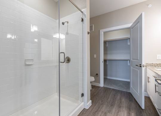 A bathroom with a walk-in shower and a small kitchenette.