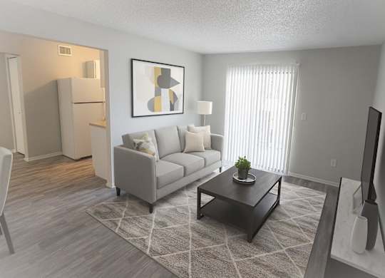 A living room with a grey couch, a coffee table, and a television.