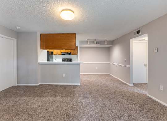 A spacious room with a kitchenette and a carpeted floor.