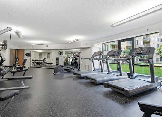 A spacious gym with treadmills, weights, and exercise equipment.