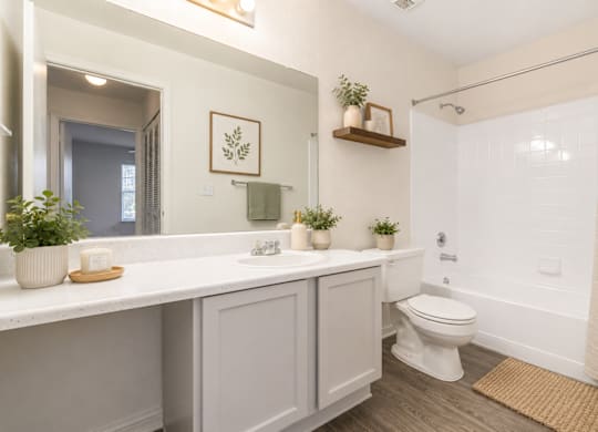 A white bathroom with a toilet, sink, and mirror.