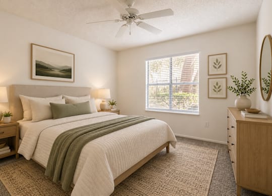 A bedroom with a large bed, a ceiling fan, and a window with blinds.