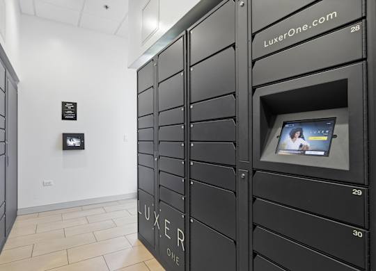 Two rows of Luxer One package lockers.