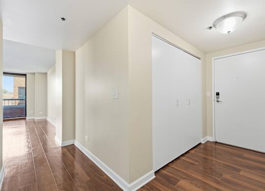 An apartment front entry with a hall closet and front door.