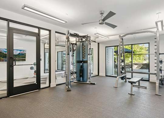 A gym with a variety of equipment including a squat rack, bench, and weights.