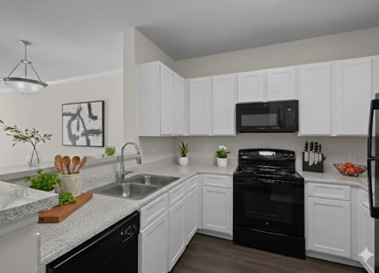 A kitchen with black appliances and white cabinets.