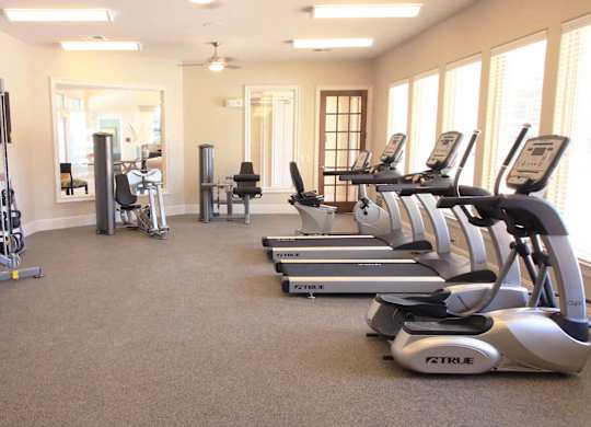 A gym with a variety of equipment including treadmills, weights, and exercise machines.