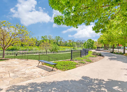 A park with a bench and a fence.