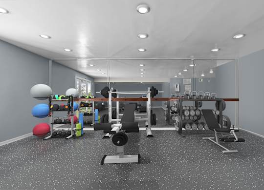 A well-equipped gym with various exercise machines and weights.