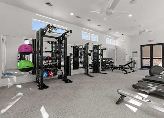 A gym with a variety of equipment including treadmills, weights, and exercise balls.